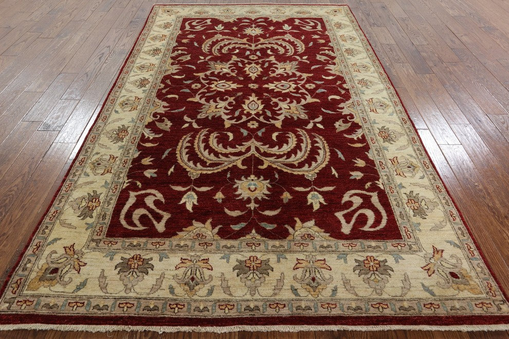 Peshawar Oriental Chobi Oushak Red Hand-Knotted Wool Rug, 6'x10'
