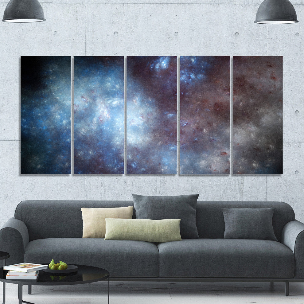Blue Grey Starry Fractal Sky, Abstract Art on Canvas, 60"x28", 5 Panels