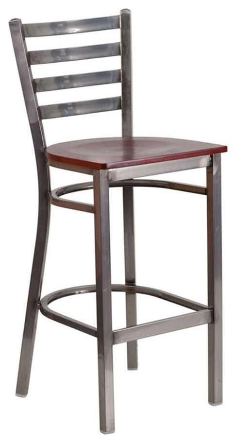 Clear Coated Ladder Back Metal Restaurant Barstool, Mahogany Wood Seat