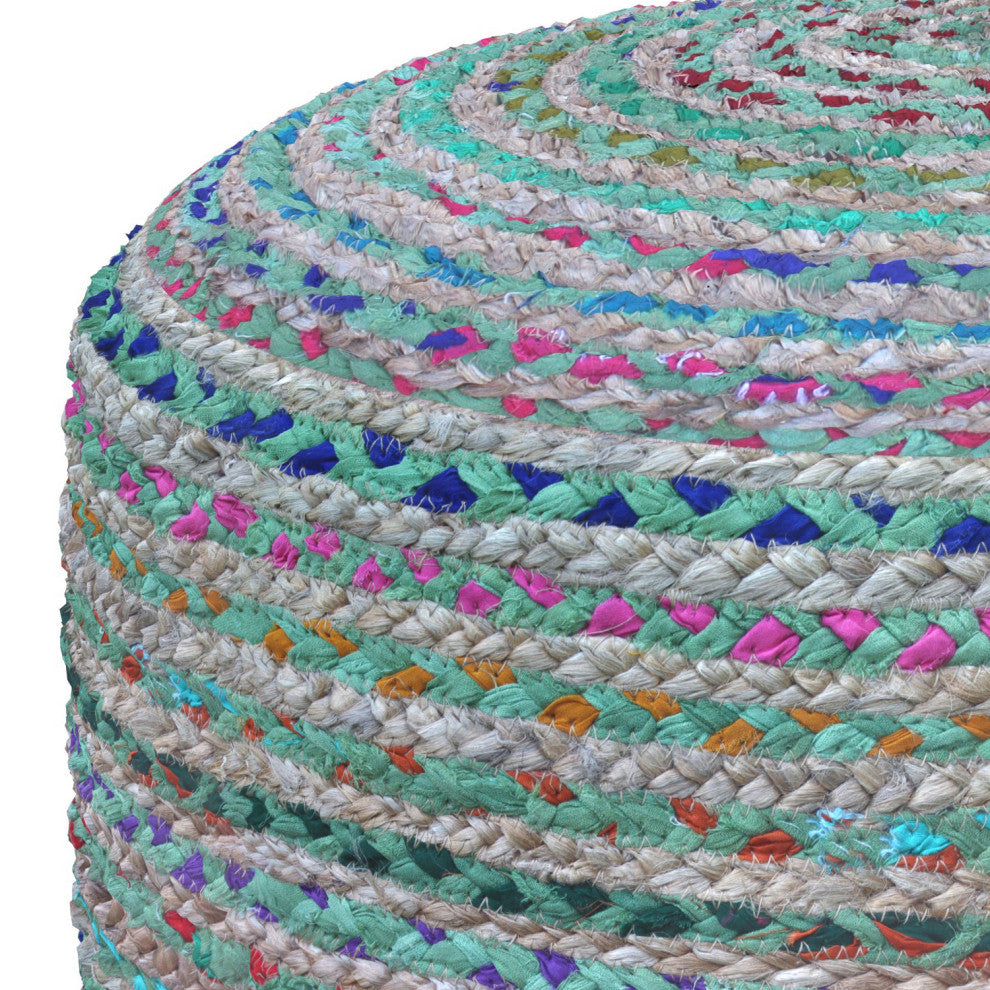 Margo Round Pouf, Braided Jute, Green