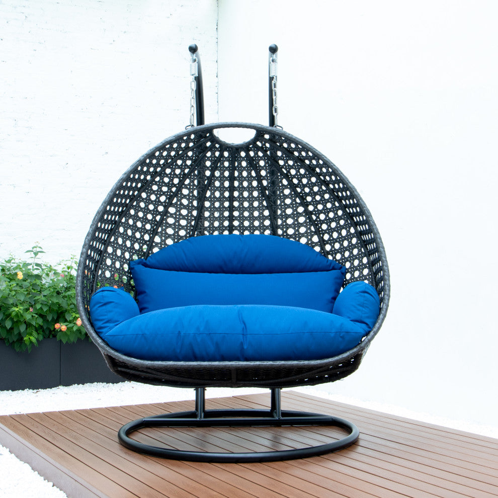 2 Person Charcoal Wicker Double Hanging Egg Swing Chair, Blue