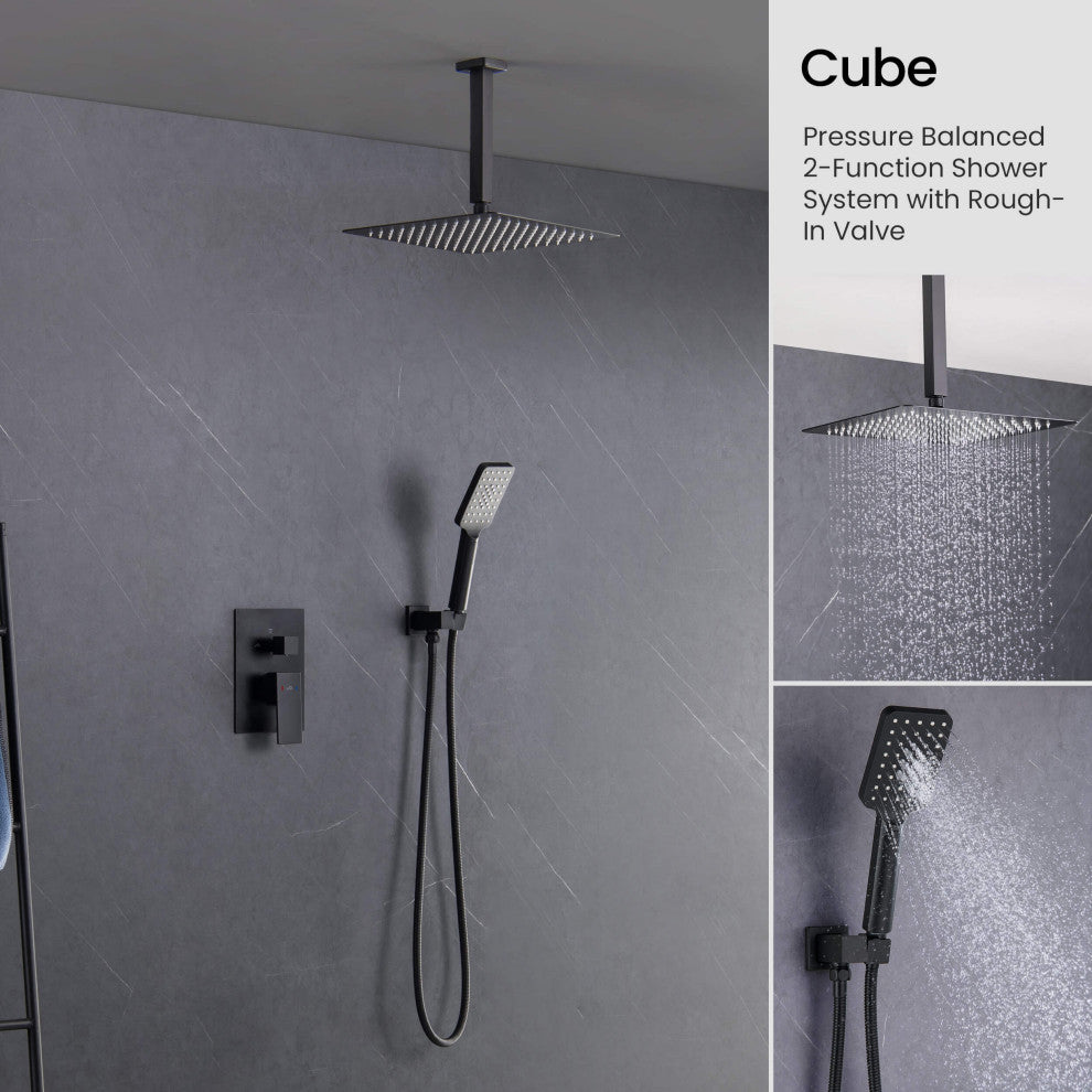 Ceiling Mounted 2-Function Shower System, Rough, Valve, Matte Black