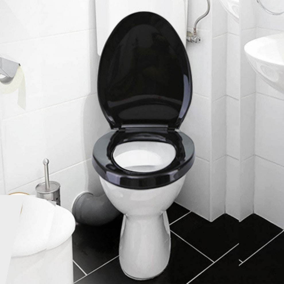 Black Elongated Toilet Seat with Non Slip Oval Seat Bumpers and Adjustable Hinge