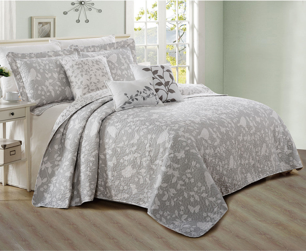 Birdsong 6-Piece Bed Spread Set, Gray, Queen, 90"x90"