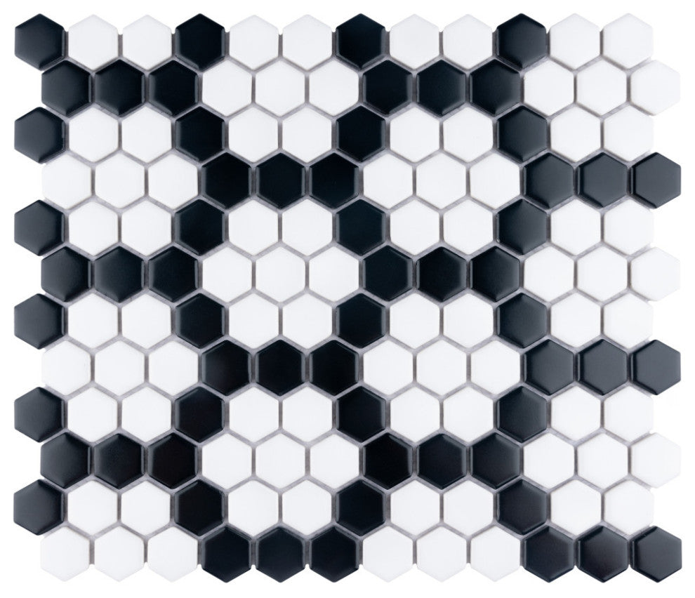 Metro 1" Hex Porcelain Mosaic Floor and Wall Tile, Wht Blk Hncom