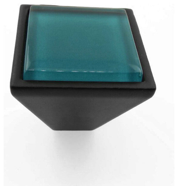 Midnight Green Crystal Glass Black Metal Square Frustum Knob