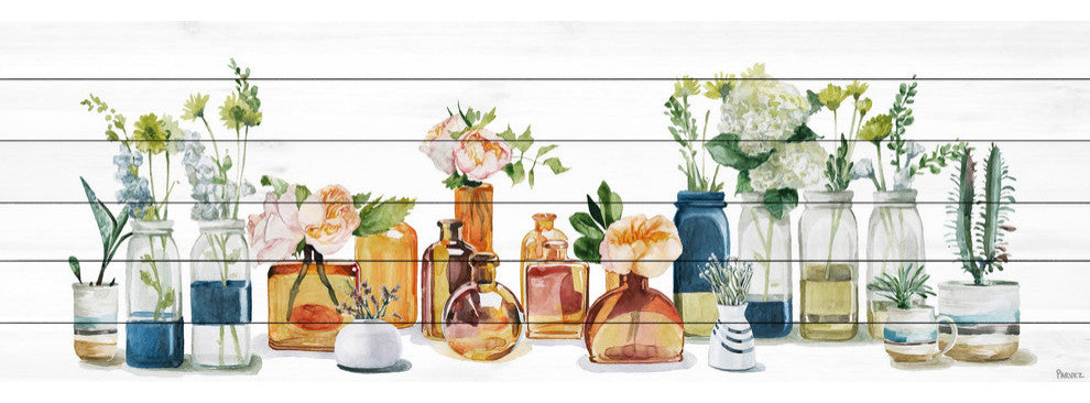 "Lined up Bottles II" Painting Print on White Wood, 60"x20"