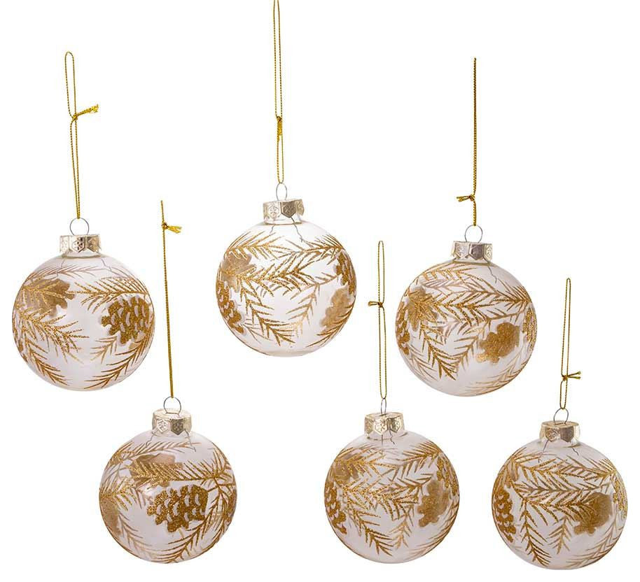 Kurt Adler 80MM Clear with Gold Pinecones Glass Ball Ornaments, 6-Piece Set