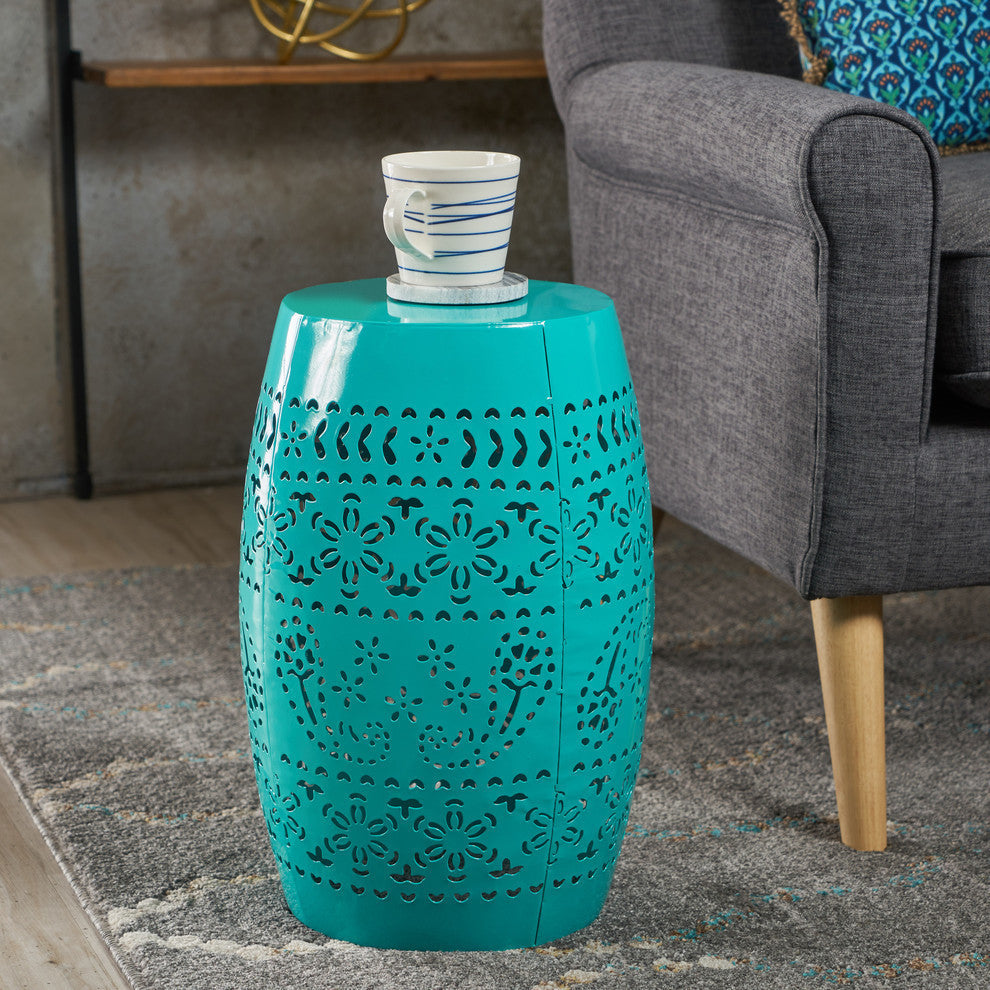 GDF Studio Apple Indoor 12" Lace Cut Iron Side Table, Teal