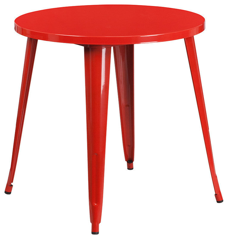 30" Round Red Metal 5-Piece Table Set With 4 Vertical Slat Back Chairs