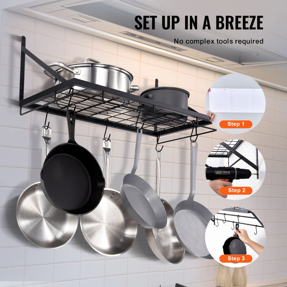 VEVOR Pot Rack Wall Mounted 24in Pot and Pan Hanging Rack With 12 S Hooks 55 lbs