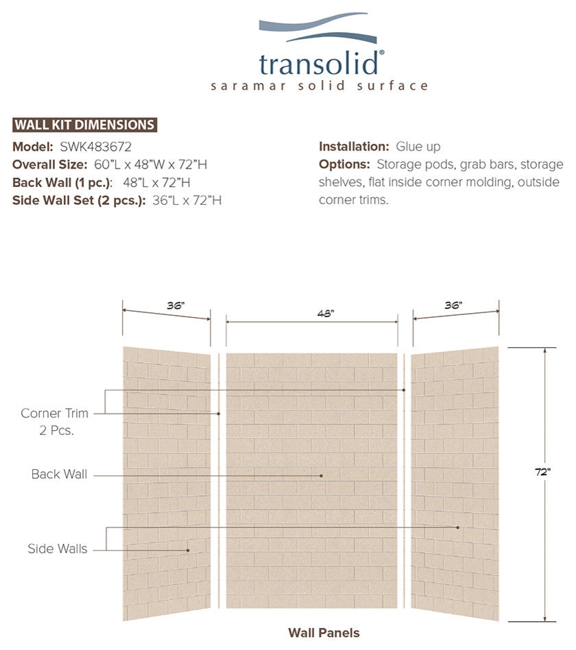 Transolid SaraMar 36" X 48" X 72" Glue to Wall 3-Piece Shower Wall Kit, Cashew