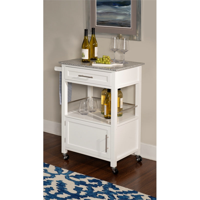 Linon Mitchell Wood Granite Top Rolling Kitchen Cart Ample Storage in White