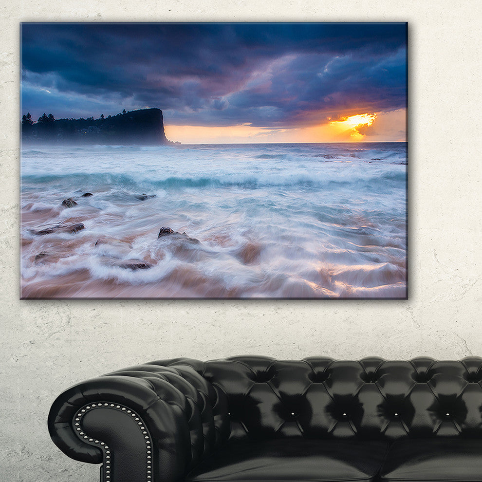 "Incredible Sunset With White Waves" Seashore Canvas Print, 32"x16"