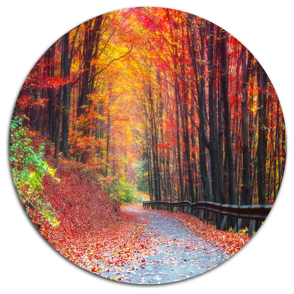 Road In Beautiful Autumn Forest, Modern Forest Round Wall Art, 36"