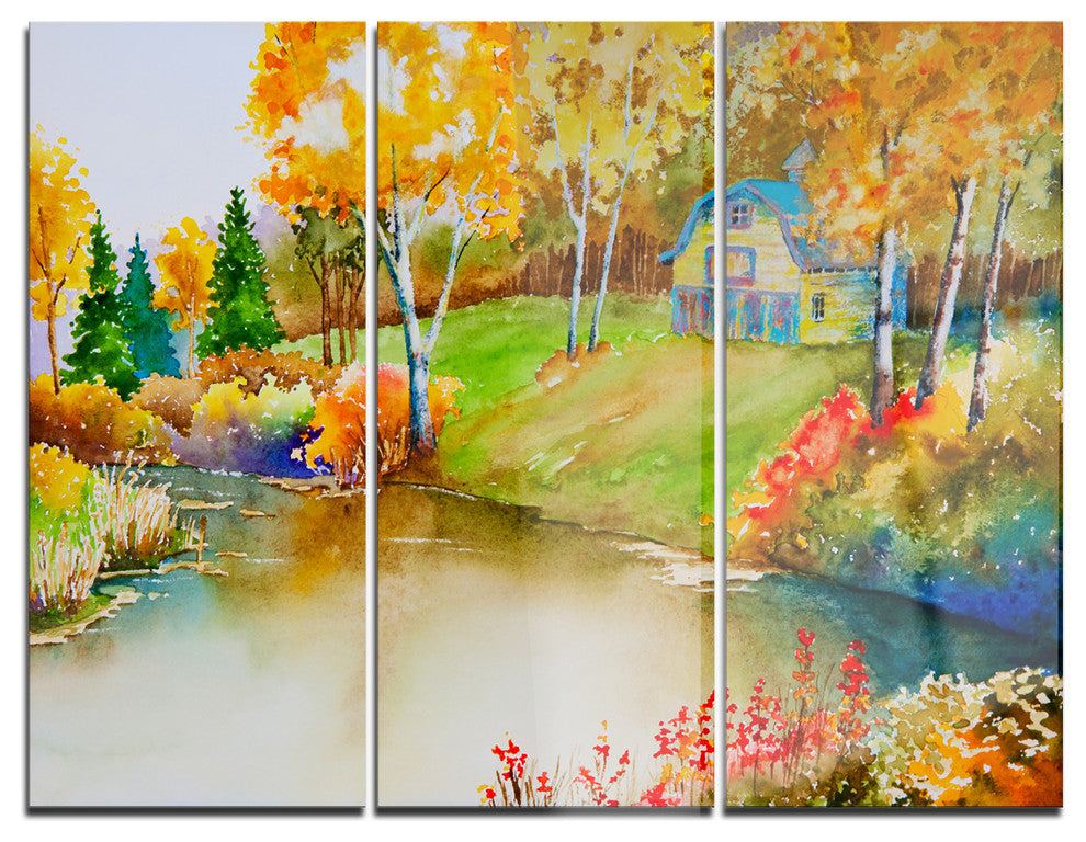 "House and Quiet Pond in Fall" Glossy Metal Wall Art, 3 Panels, 36"x28"