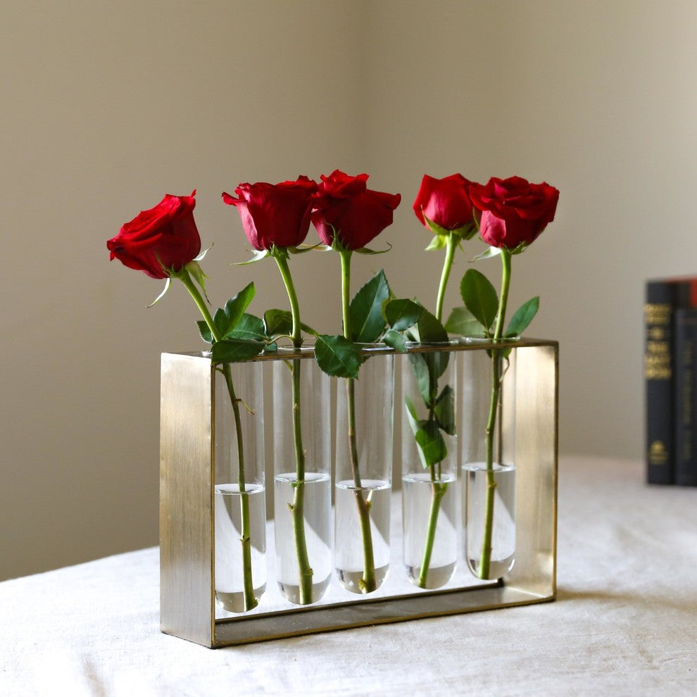 Metal Clustered Hanging Bud Vase Holder with 5 Glass Tubes, Antique Gold Finish