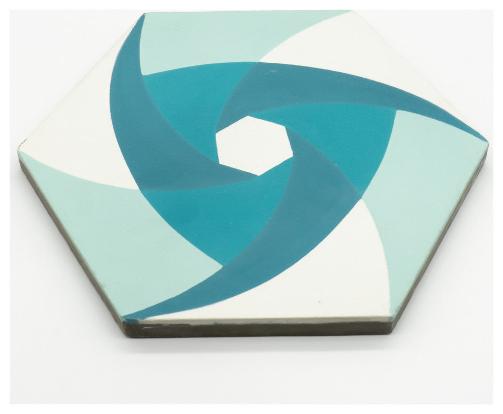 8"x9" Menara Handmade Cement Tiles, Set of 12, Aqua Blue, White