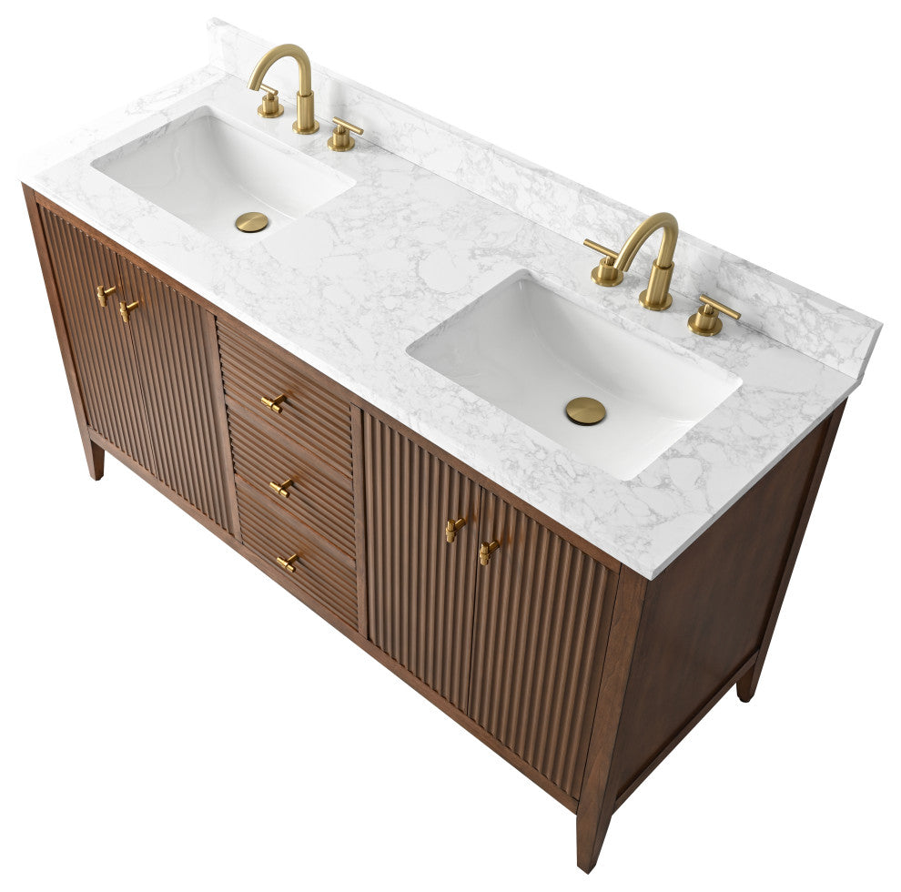 Vanity Art Freestanding Vanity, Walnut, 60", Double Sink, Golden Brushed