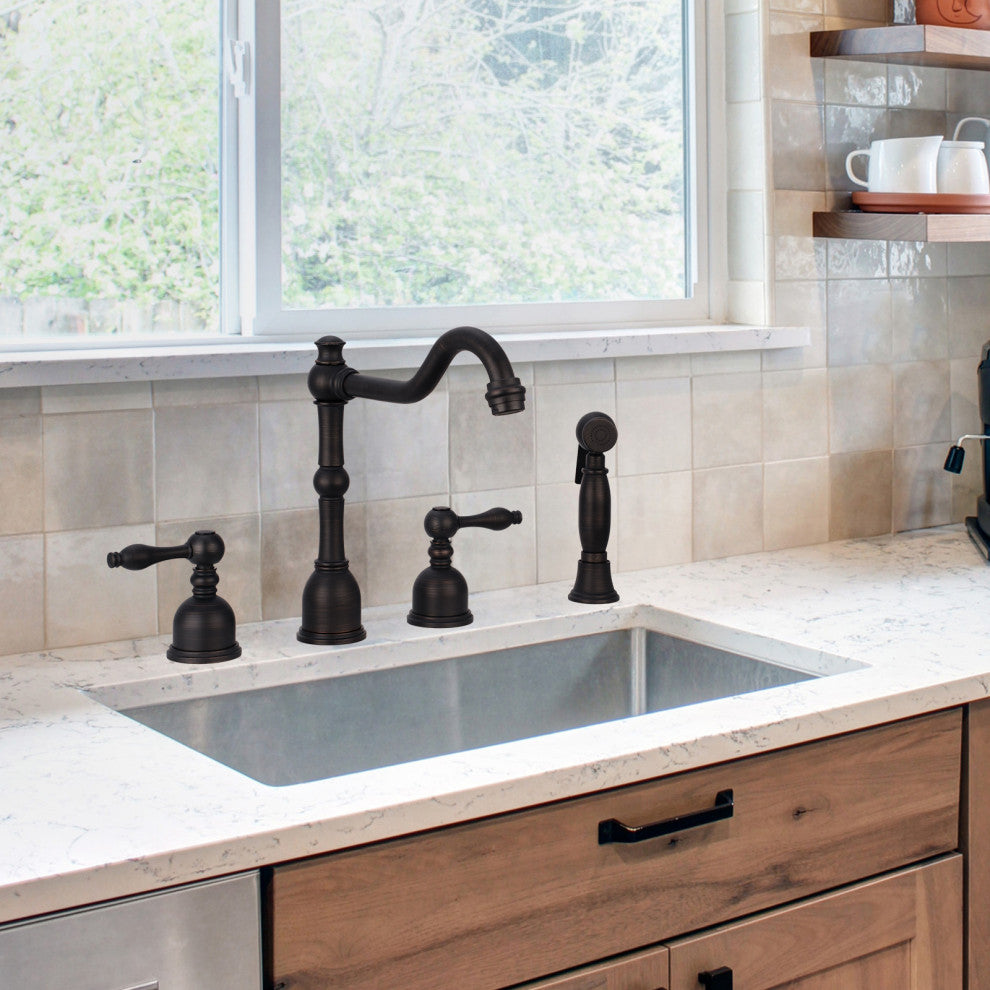 Two-Handles Copper Widespread Kitchen Faucet with Side Sprayer, Oil Rubbed Bronze