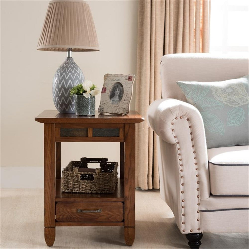 Leick Furniture Slatestone Wood Storage End Table in a Rustic Oak Finish