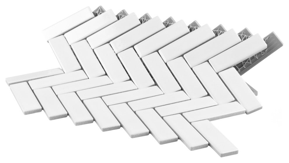 Metro Brick Herringbone Glossy White Porcelain Floor and Wall Tile