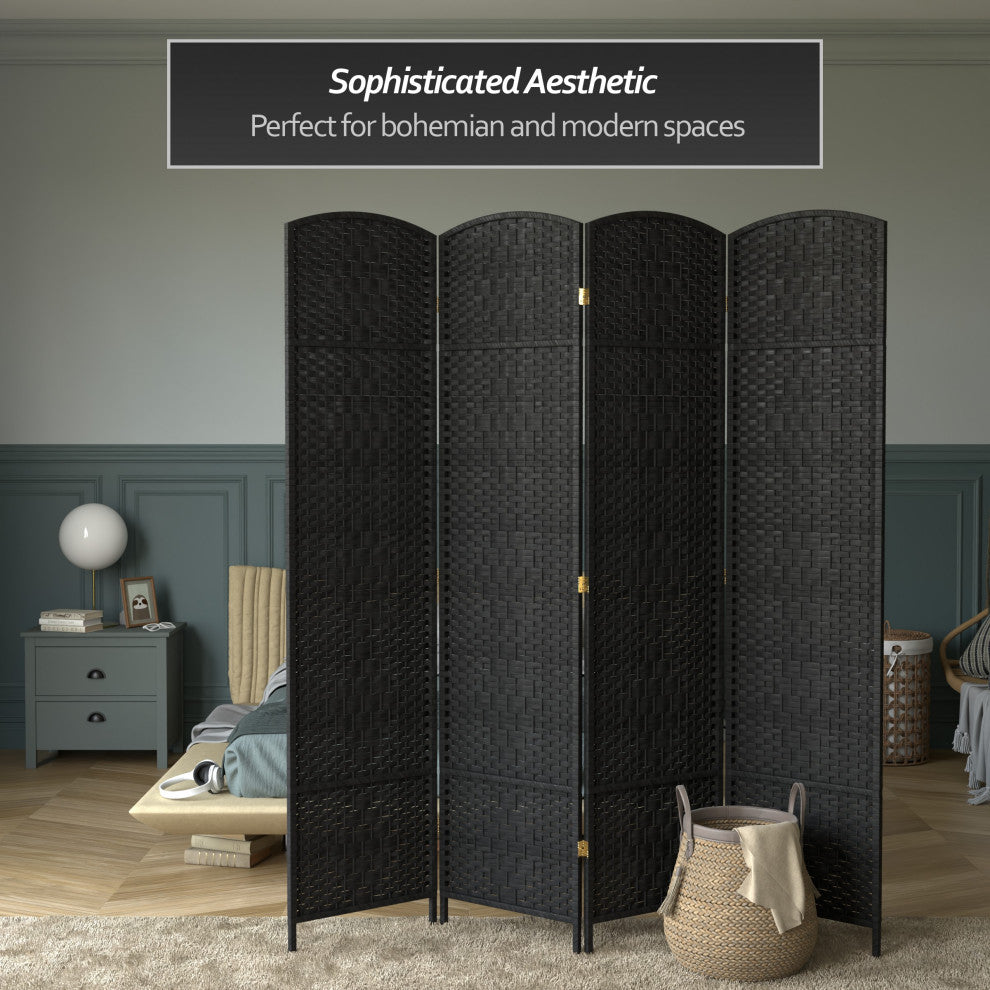 7' Tall Diamond Weave Room Divider, Black, 4 Panels