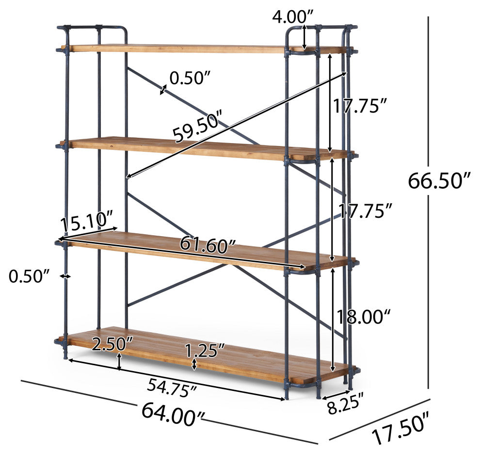 Mercia Industrial 4 Shelf Firwood Bookcase, Antique Brown