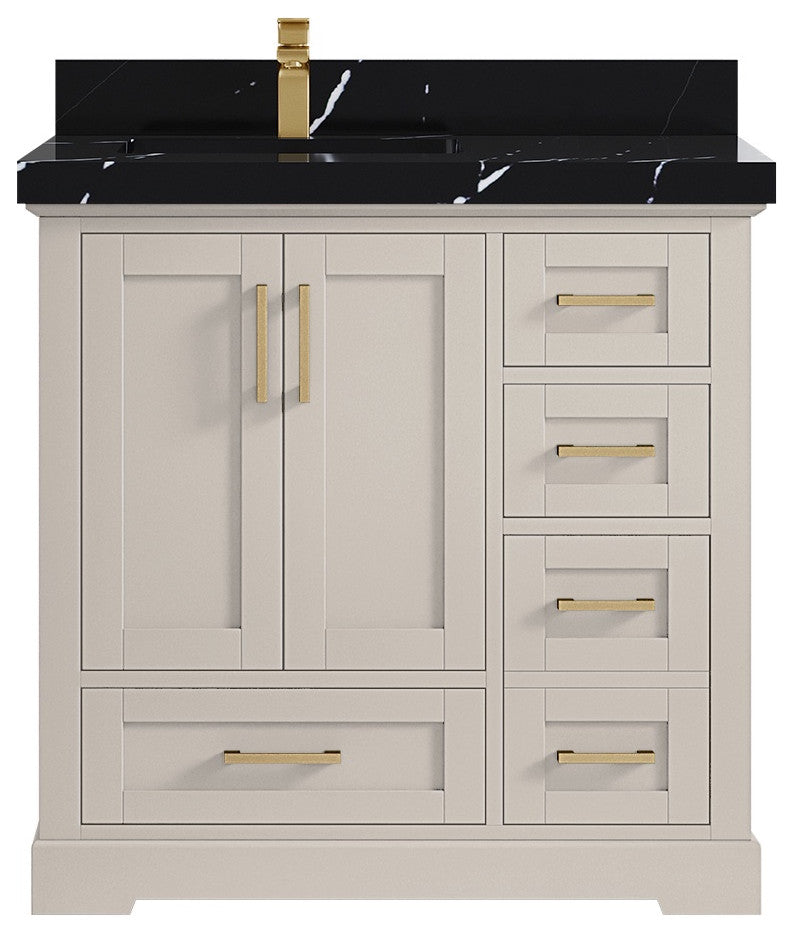 Boston 36" Left Offset Bath Vanity in Fine Grain 2" Calacatta Black