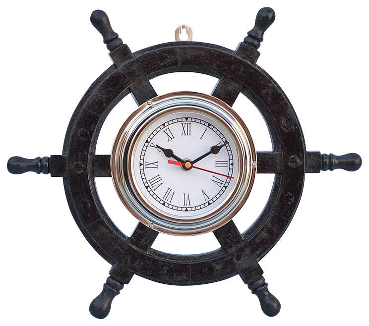 Deluxe Class Pirate Ship Wheel Clock, Wood and Chrome, 12"
