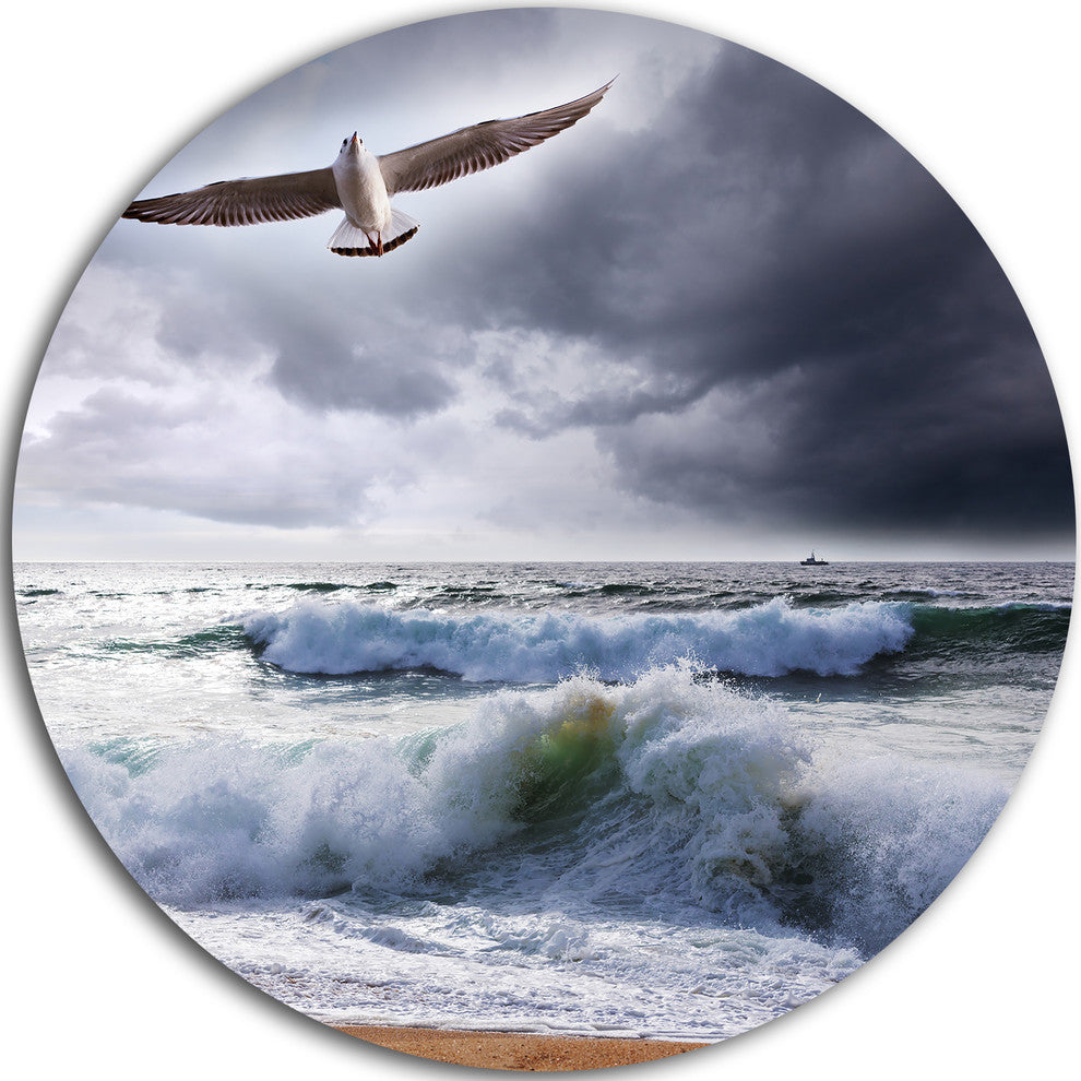 Seagull Over Stormy Waves, Modern Beach Round Wall Art, 36"