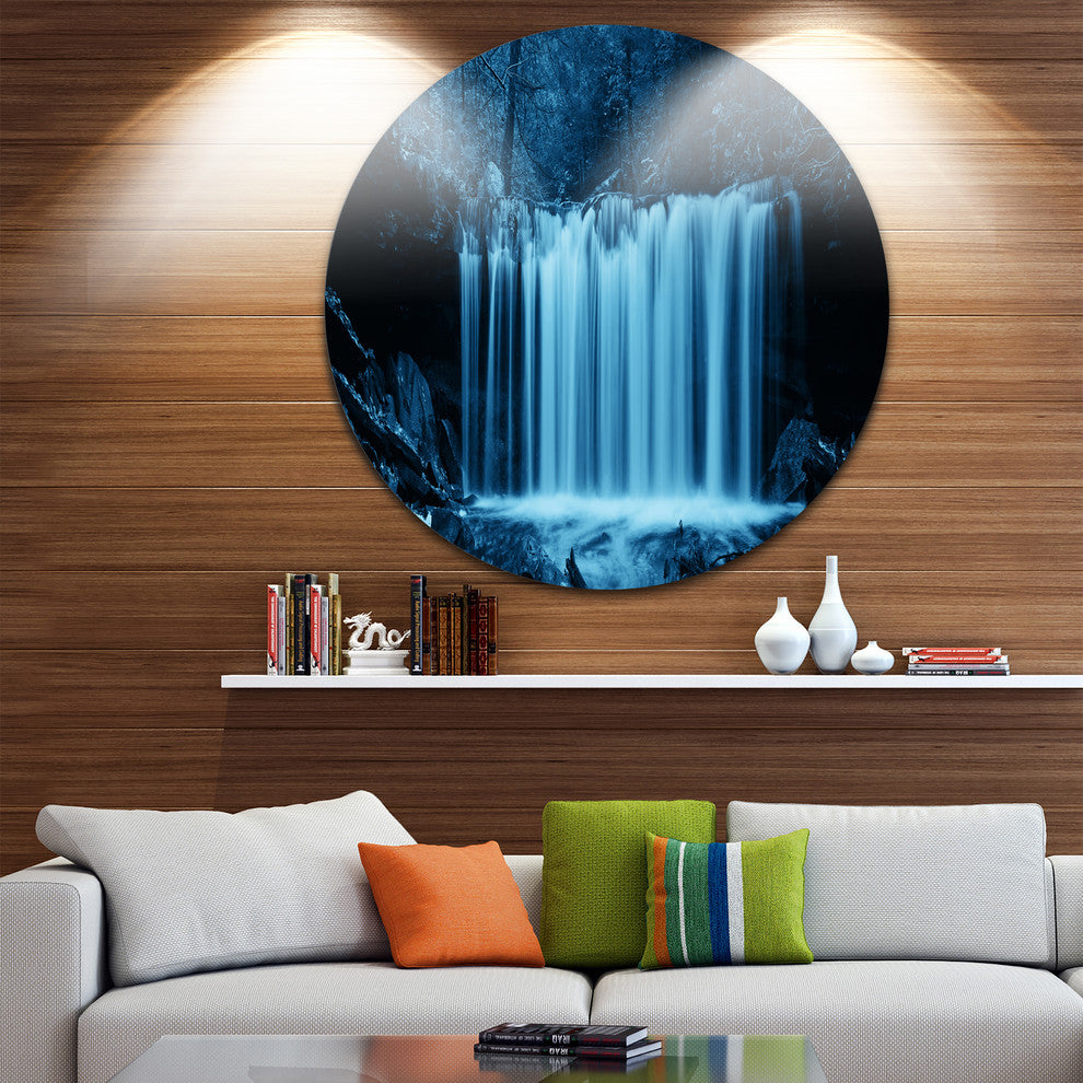 Waterfalls In Wood Black And White, Landscape Round Metal Wall Art, 23"