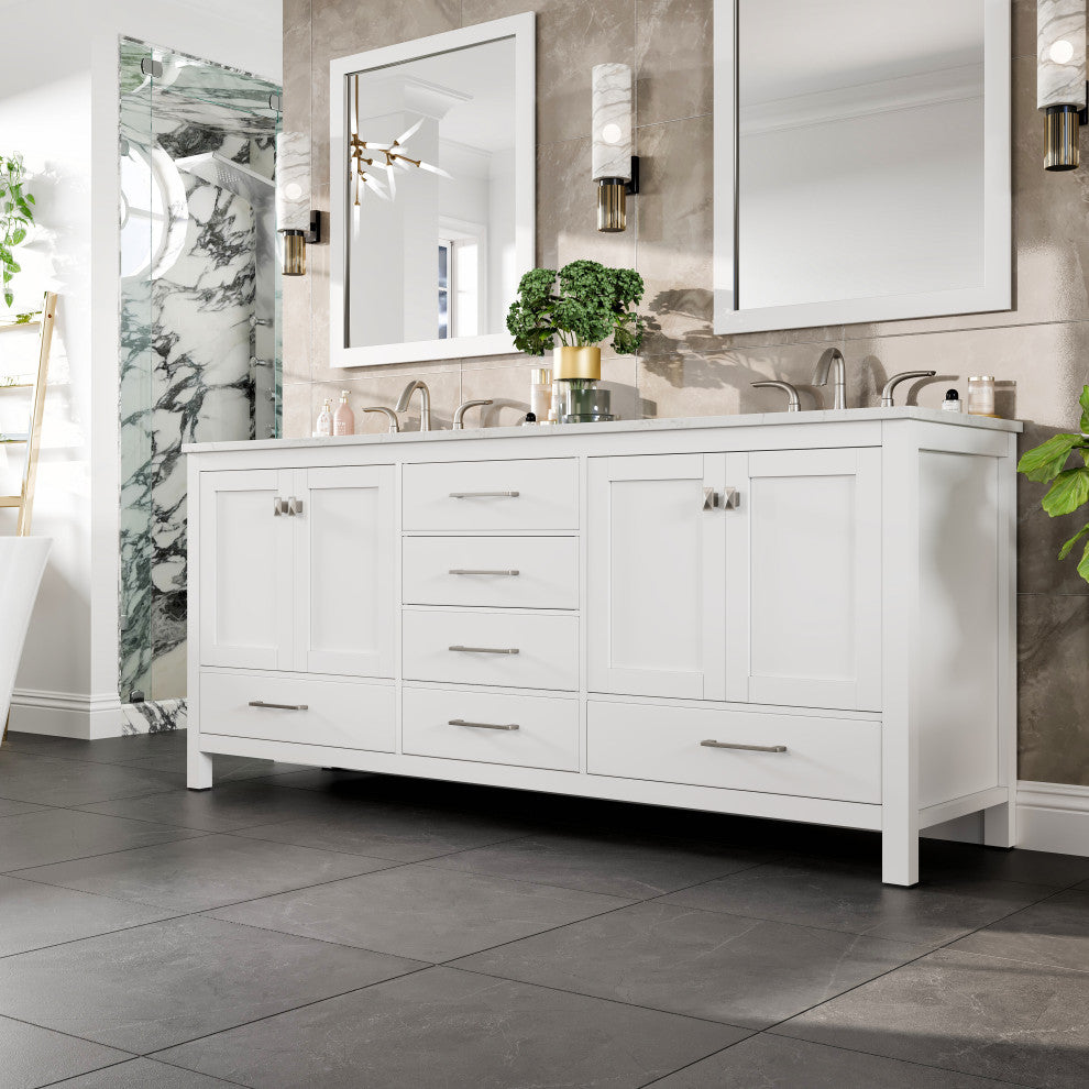 Eviva Aberdeen 78" White Double Sink, Quartz Top
