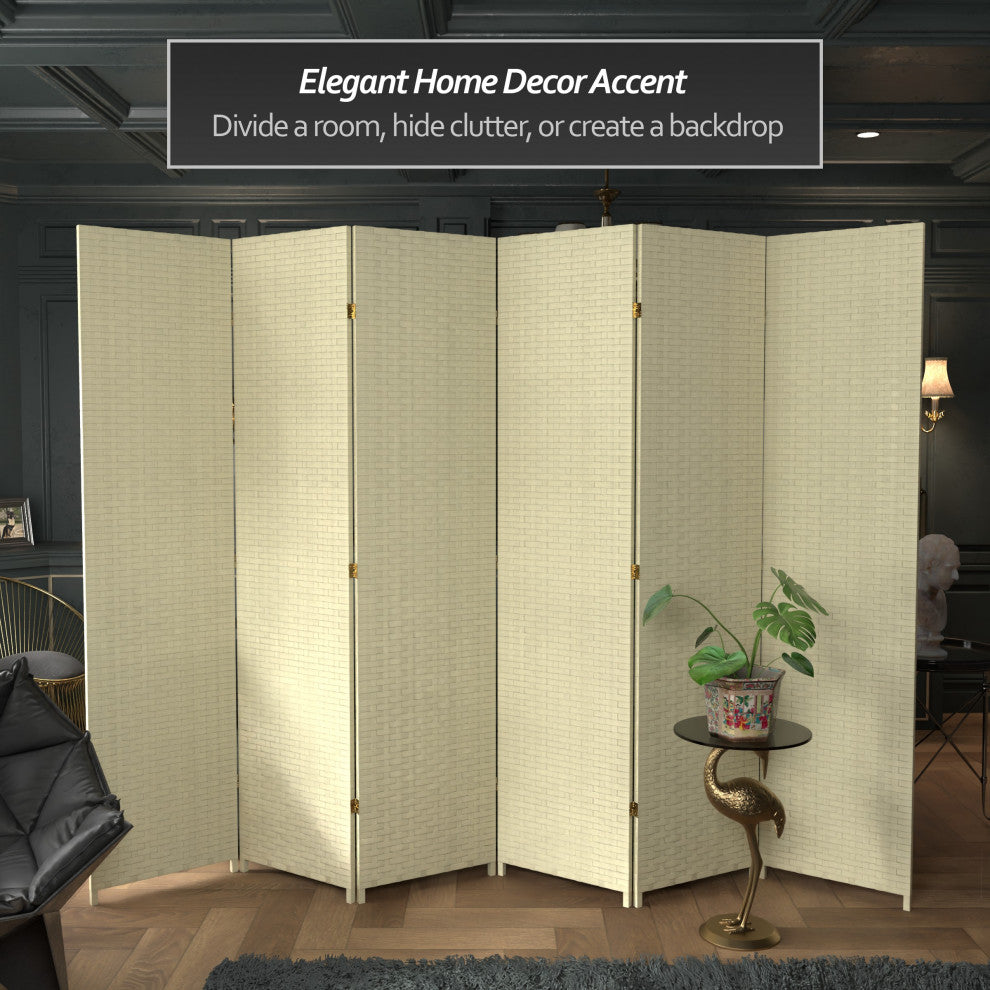 7' Tall Woven Fiber Room Divider, Cream, 6 Panel