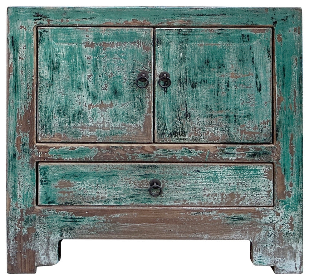 Oriental Distressed Teal Blue Green End Table Nightstand Chest