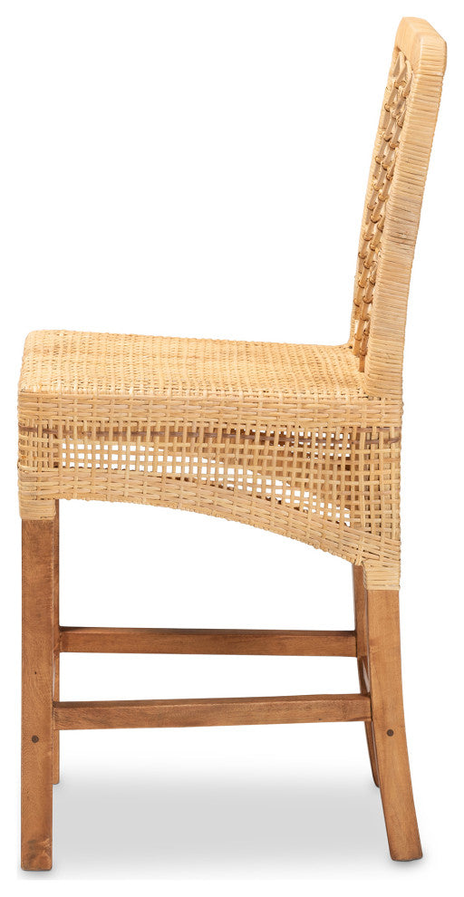 Moscow Bohemian Natural Brown Rattan and Walnut Brown Finish Wood Counter Stool