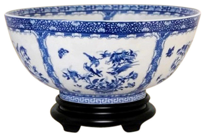Vintage Style Blue and White Bird Chinoiserie Porcelain Bowl 14"