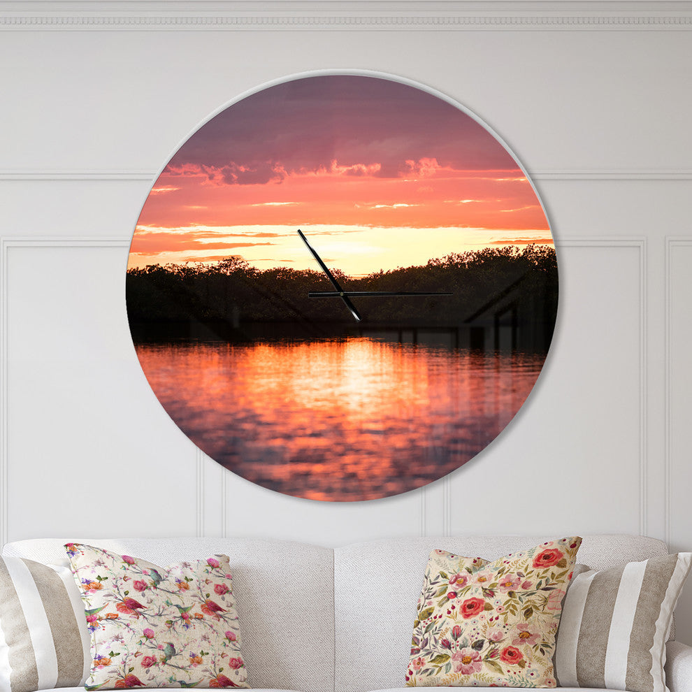 Sunset On Tropical Lagoon Oversized Coastal Metal Clock, 36x36