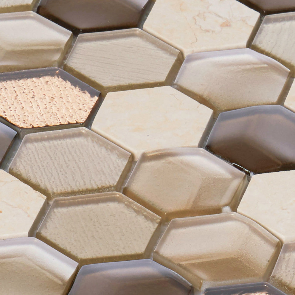Hexagon Stone Metallic Beige 3D Insert Glass Mosaic Tile, 13"x13", Single Sheet