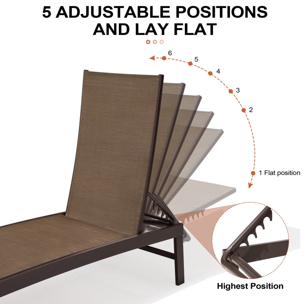 Patio Set Outdoor Aluminum Adjustable Chaise Lounge Chairs and Table Set, Brown