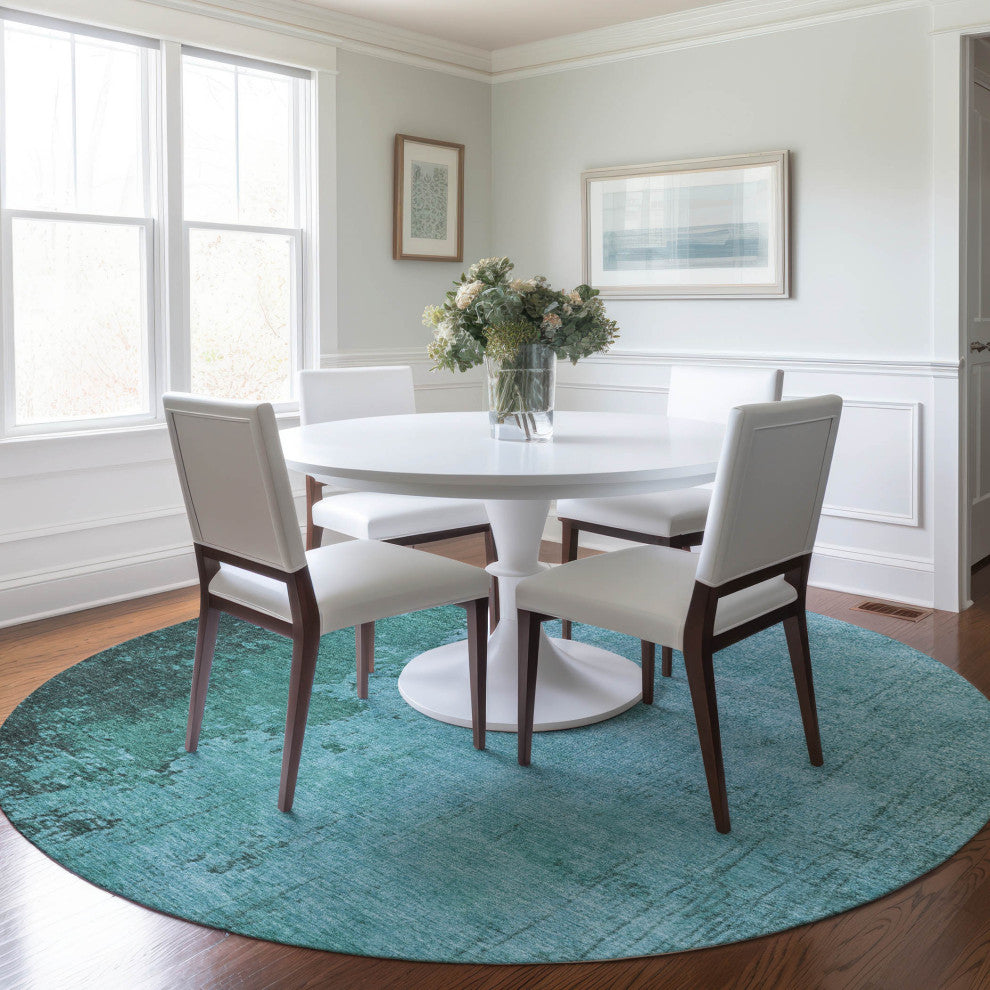 Machine Washable Indoor/Outdoor Chantille ACN1904 Teal 8' x 8' Round Rug