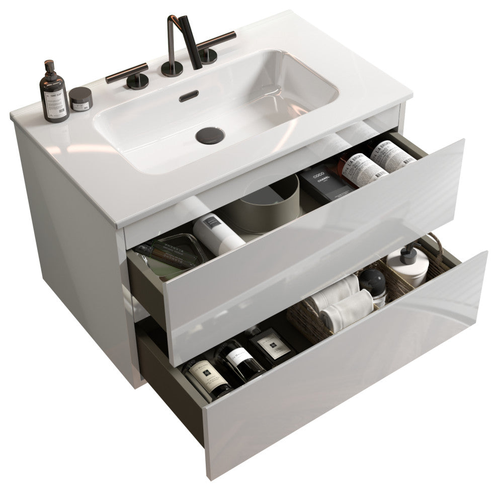 Wall-Mounted Bathroom Vanity Set with Ceramic Sink, White, 30"