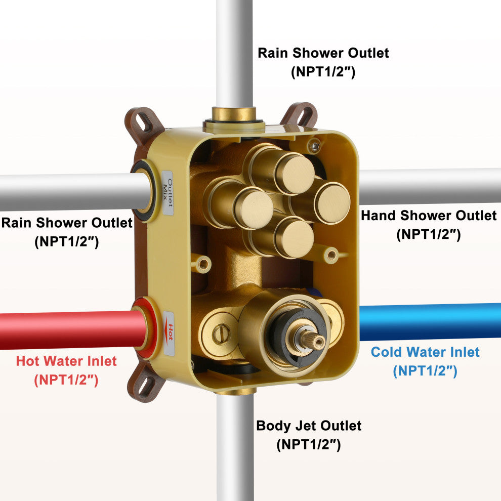 12" Dual Heads Shower System with 4 Way Thermostatic Faucet, Brushed Gold