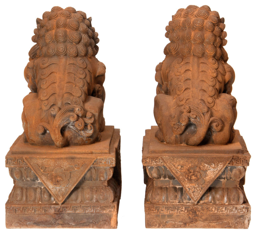 18" Foo Dog Rust Patina Statues, Set of Two