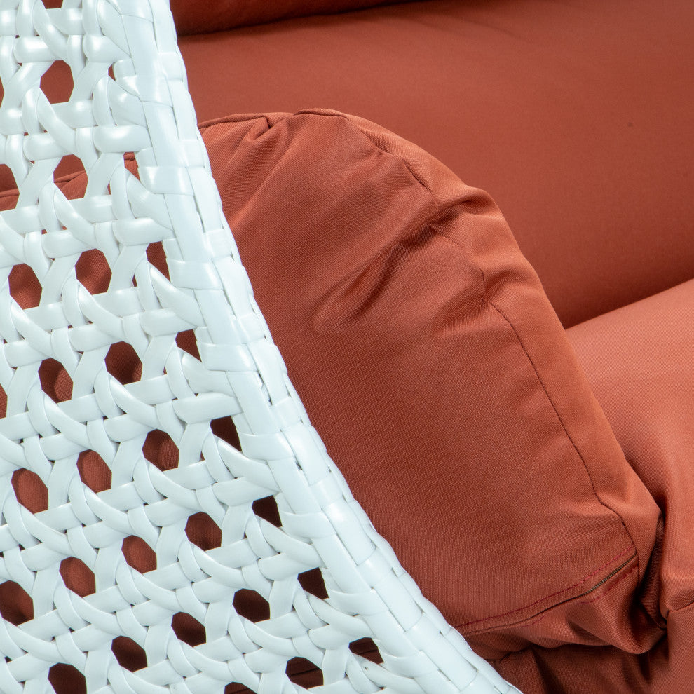 2 Person White Wicker Double Hanging Egg Swing Chair, Dark Orange