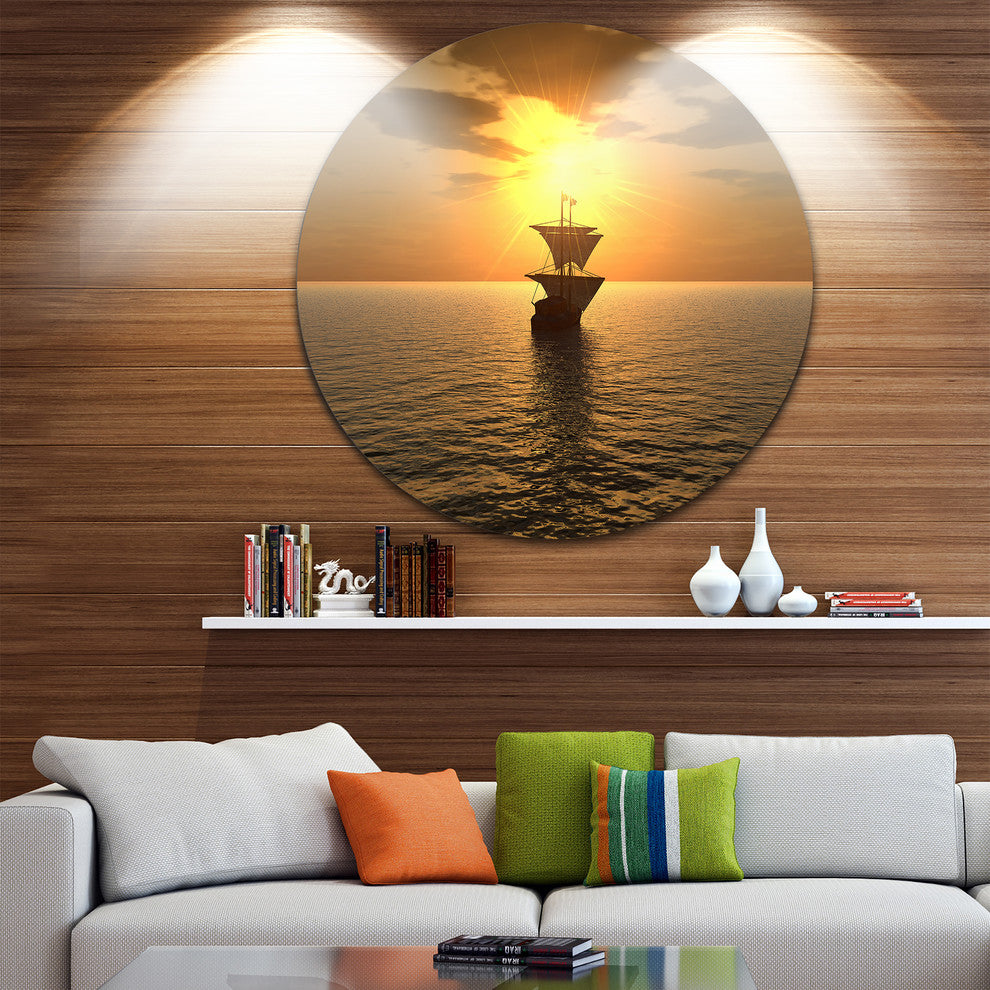 Ship And Sunset, Seascape Photography Disc Metal Wall Art, 11"