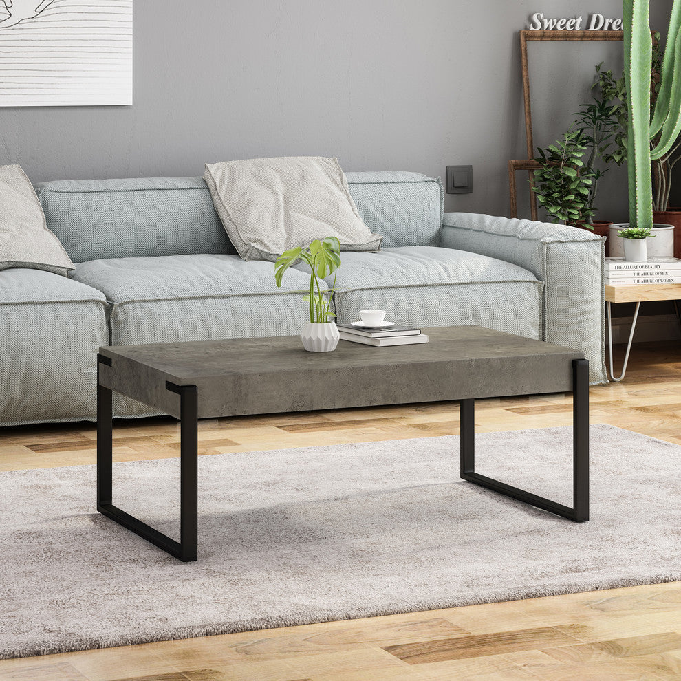 GDF Studio Shaw Industrial Faux Wood Coffee Table With Iron Legs, Light Concrete