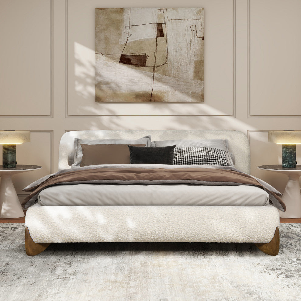 Alpine Sherpa Modern Platform Bed, Ivory White Boucle, Queen
