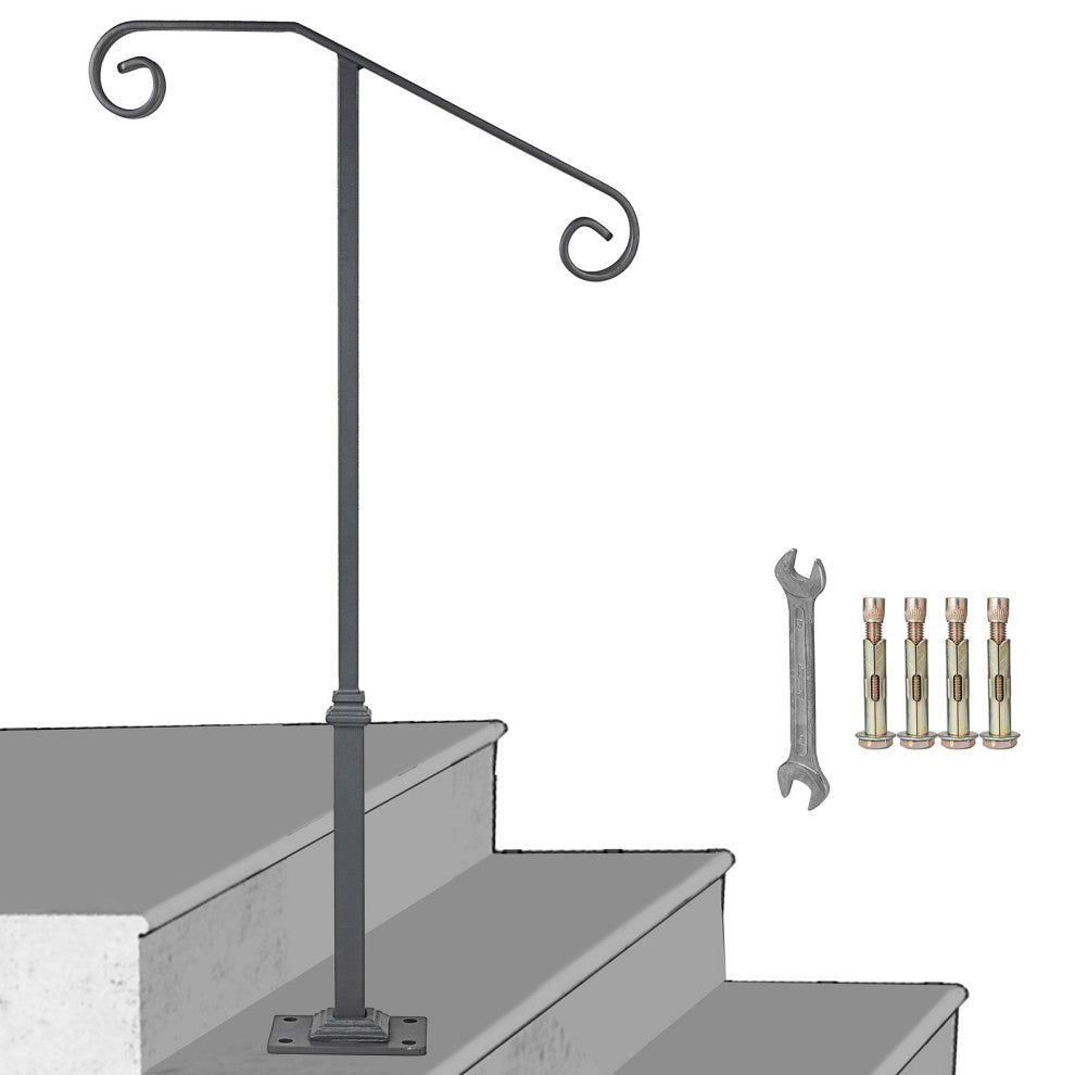 Single Post Handrail Wrought Iron Grab Supports Fits 1 or 2 Steps, Gray