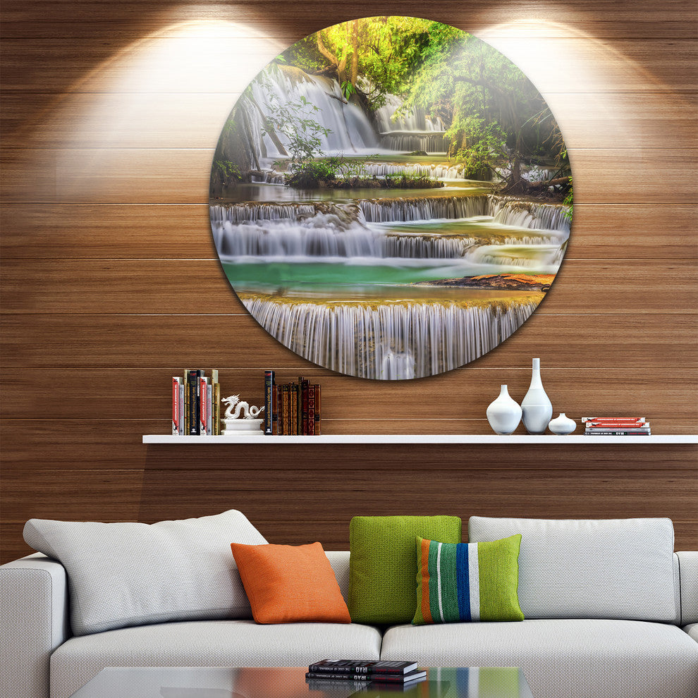 Tranquil Erawan Waterfall, Landscape Round Wall Art, 11"